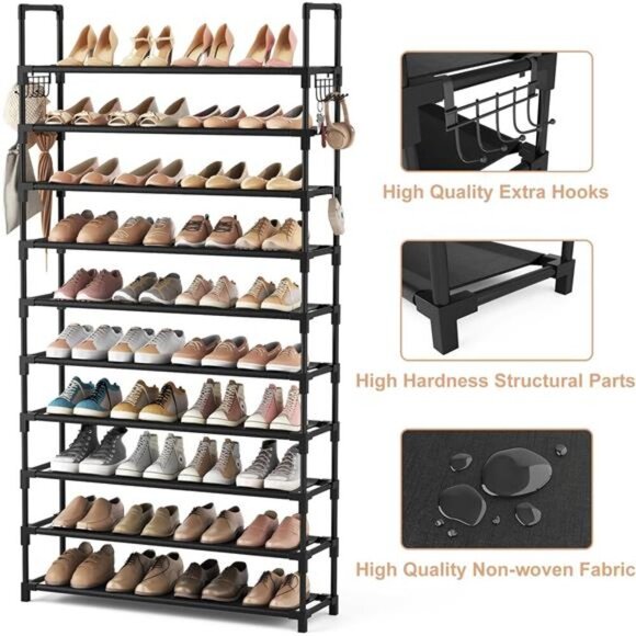 Tall Shoe Rack 10 Tier Storage Organizer Holds 50 Pairs Metal Shelf Black - Picture 4 of 7